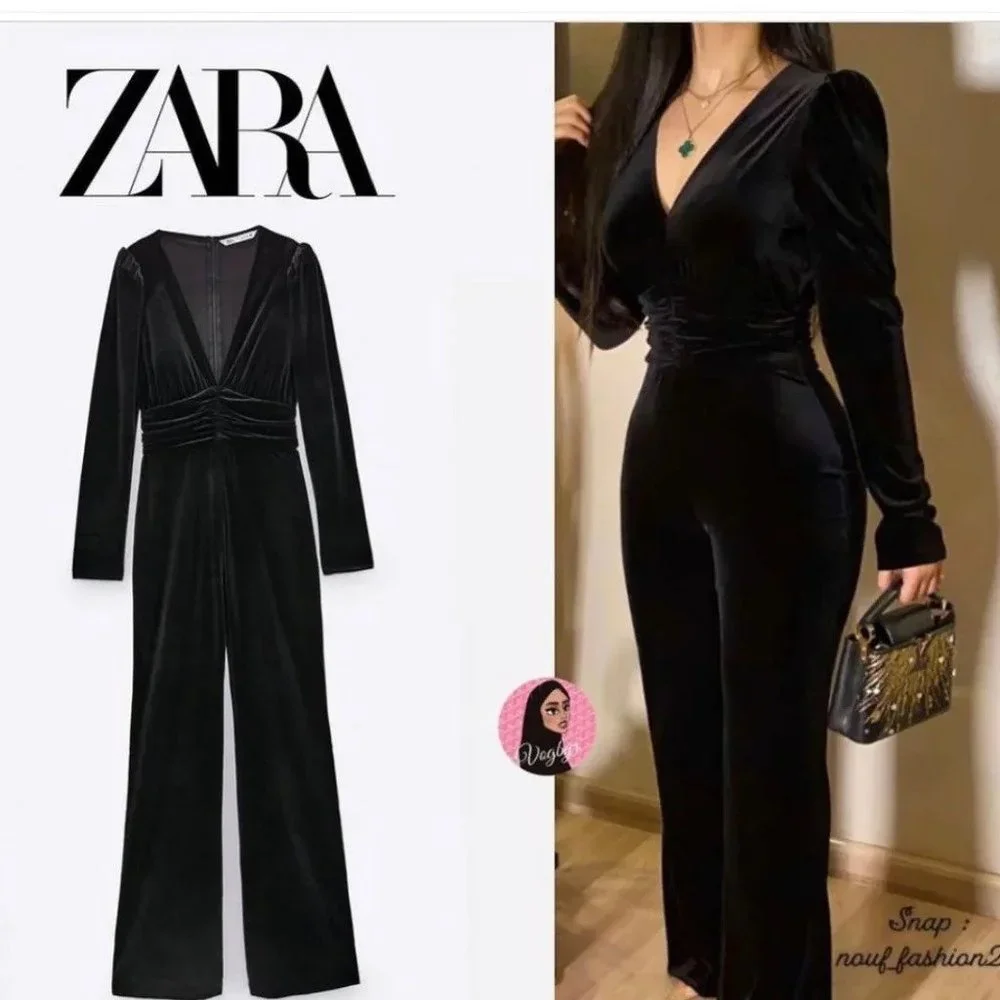 Zara Black Jumpsuit Velvet. SZ S - Picture 3 of 6